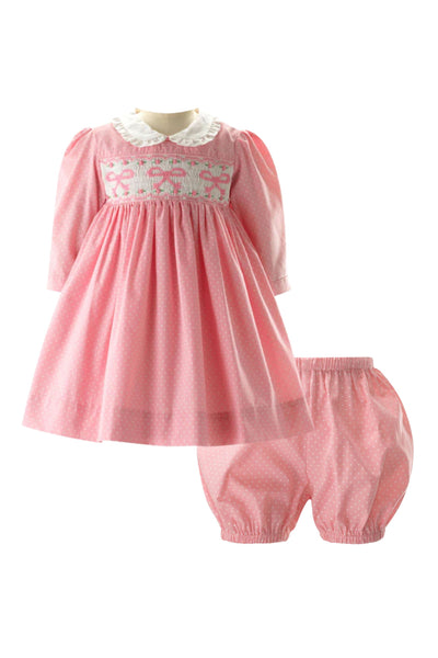 Rachel Riley - Pindot Bow Smocked Dress & Bloomers Set