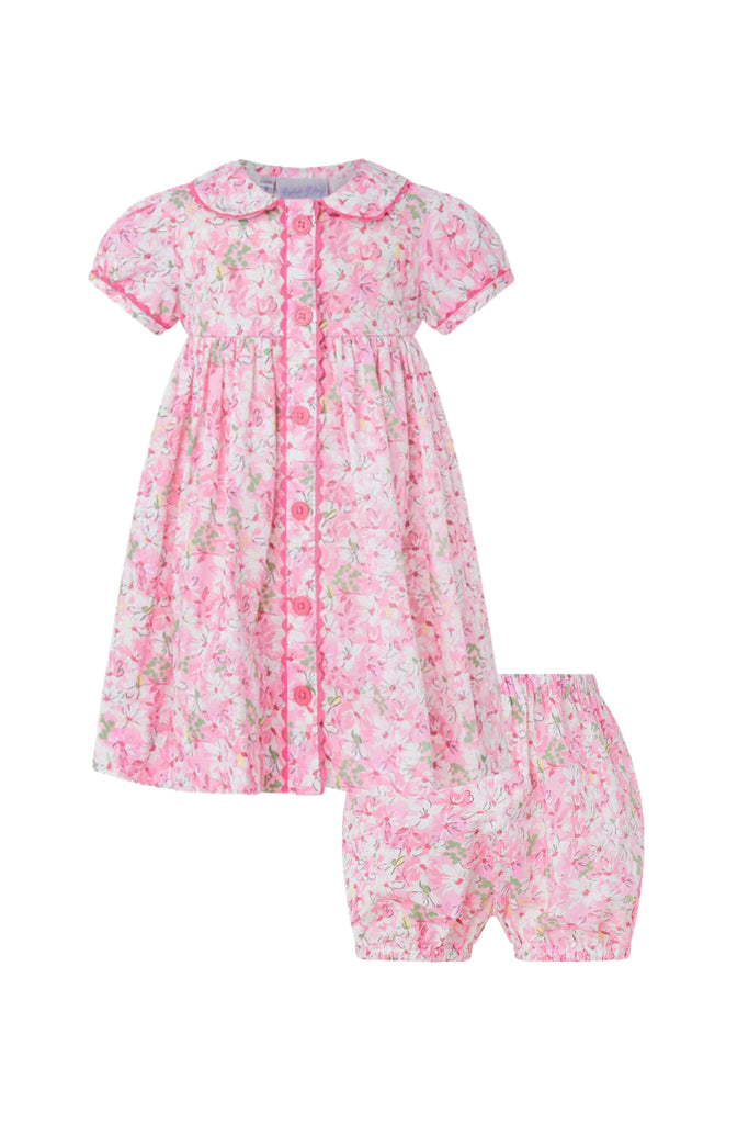 Rachel Riley - Pink Daisy Button-Front Dress & Bloomers Set