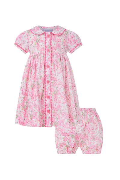 Rachel Riley - Pink Daisy Button-Front Dress & Bloomers Set