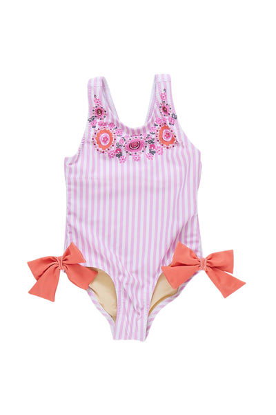 Pink Chicken - Pink Faux Embroidery Stripe Sutton Swimsuit